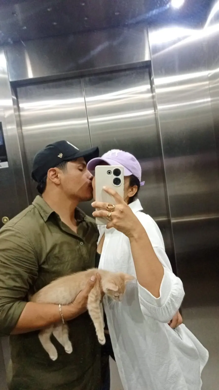 La pareja con su gato en un ascensor
